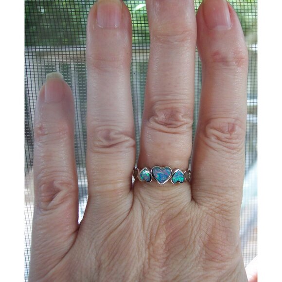 925 STERLING SILVER Lab Created Blue Lavender Fire Opal Hears Ring - Picture 2 of 14